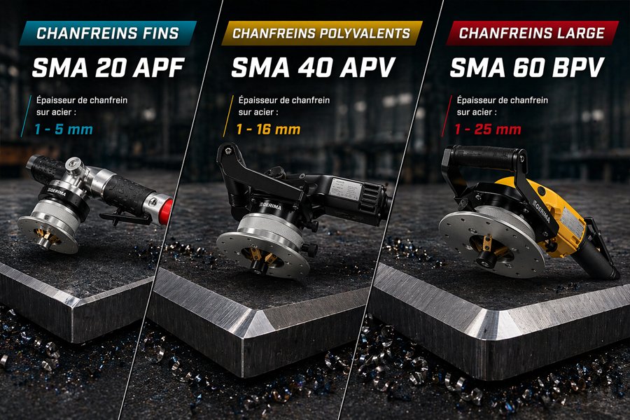 Chanfreineuse pneumatique Gerima réalisant un chanfrein sur une pièce en acier avec finition nette et précise